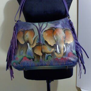 Anna by Anuschka, Hand Painted of Elephant Family with Fringes.